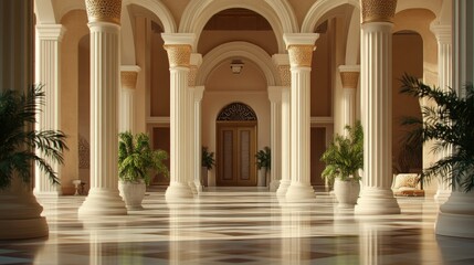 Naklejka premium Grand entrance of a UAE mosque with tall columns, ample room for text
