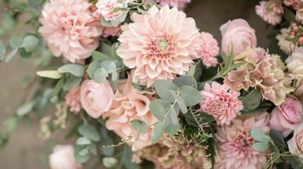A wreath of pale pink carnations and blush dahlias interwoven with wispy strands of eucalyptus for a romantic touch.
