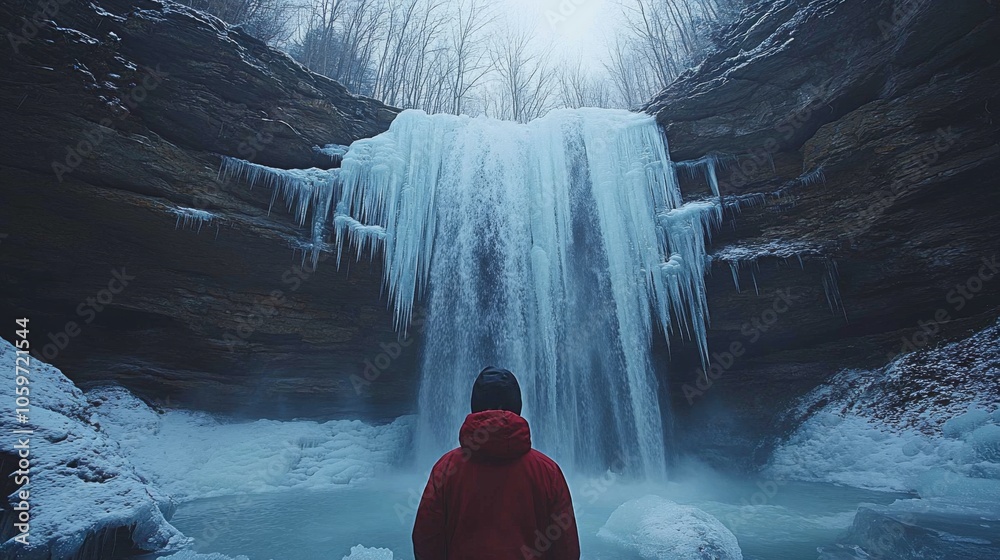 Poster in a tranquil winter setting, a figure gazes up at a majestic frozen waterfall surrounded by steep i