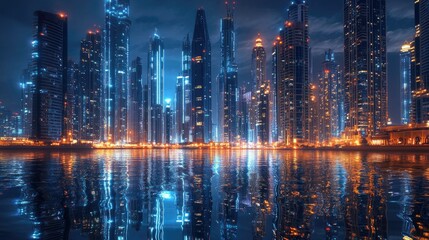 Fototapeta premium Light reflecting off UAE glass skyscrapers, blank area for text