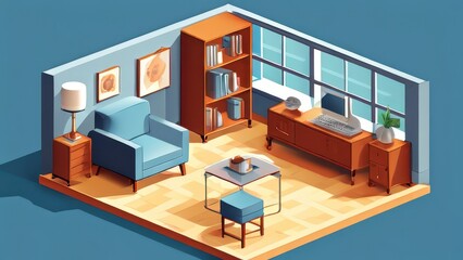 A cozy isometric living room featuring furniture and decor.