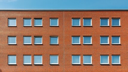 Fototapeta premium Minimalist brick facade with geometric windows, spacious sky view