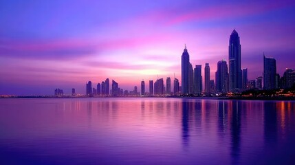 Obraz premium Modern Dubai cityscape at twilight, ample space for copy