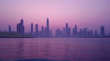 Obraz premium Modern Dubai cityscape at twilight, ample space for copy