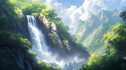 Fototapeta premium A stunning waterfall cascading down rocky cliffs surrounded by lush green foliage under a bright summer sky 