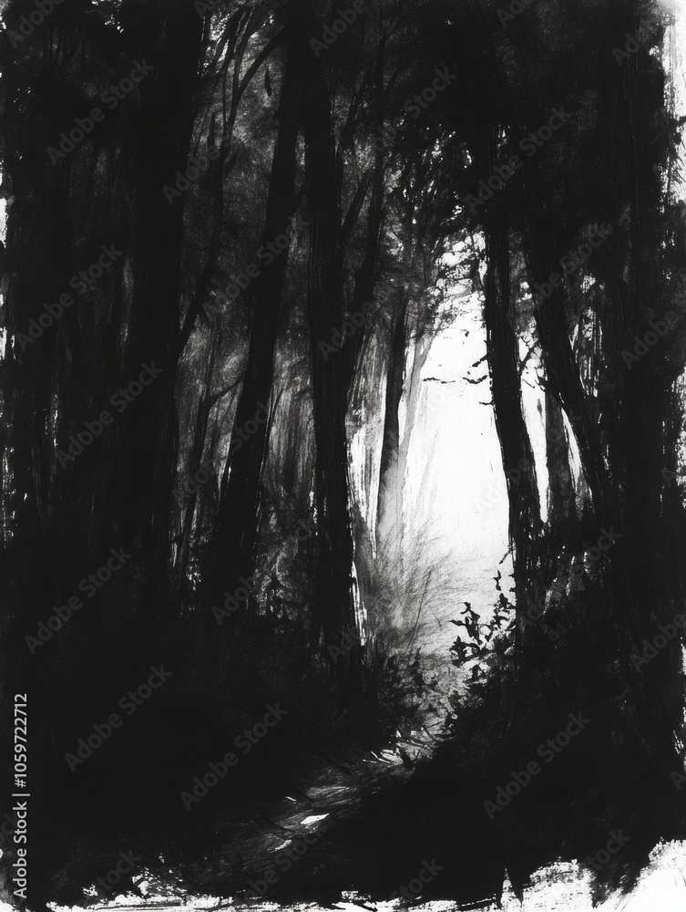 Poster The dense forest features intricate trees with detailed shadows, creating an atmospheric pathway that disappears into the background. Generative AI