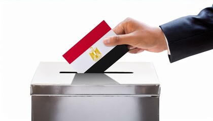 エジプトの国旗の投票用紙を投票する手と投票箱。選挙。(Hand and ballot box voting a ballot paper with the Egypt flag on it. election.)
