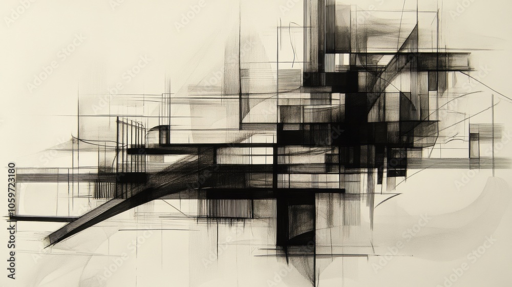 Aufkleber the artwork showcases an intricate urban landscape composed of dynamic lines and geometric forms in 