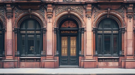 Obraz premium Ornate Victorian facade with intricate patterns and textures, empty street view, ample copy space