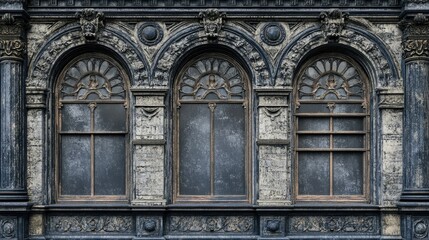 Obraz premium Ornate Victorian facade with intricate patterns and textures, empty street view, ample copy space