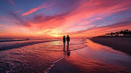 Fototapeta premium A couple walks along a beach at sunset, surrounded by vibrant colors and reflections.