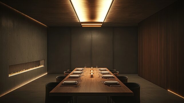 A long, wooden dining table sits in a dark, minimalist dining room. The table is set for a dinner party with plates, glasses, and candles. 