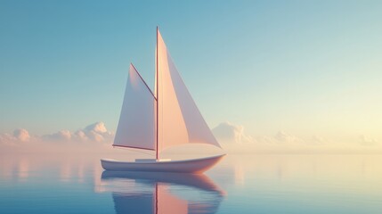 Fototapeta premium A sailboat with white sails on a calm ocean with a clear blue sky and puffy clouds.