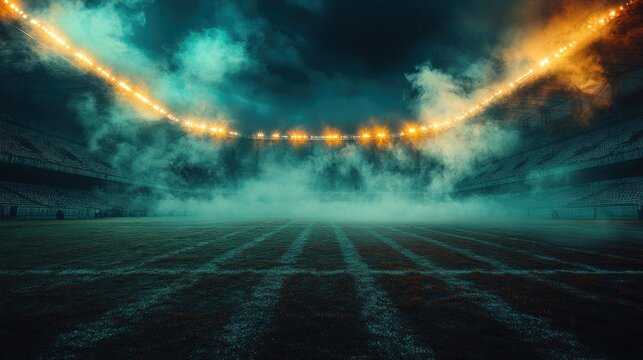 A football field with smoke and lights.