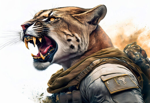 mercenario con cabeza de puma agresivo y feroz aislado en fondo blanco, ia, soldado de combate, agresivo, ilustraci&oacute;n de guerra, mercenario, al ataque., puma en ataque, puma atacando, puma rugiendo.