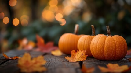 Autumn Pumpkins on Wooden Surface with Fall Leaves