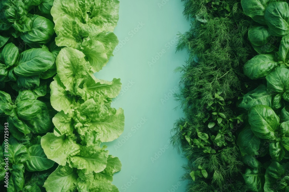 Poster fresh lettuce, fragrant dill, and vibrant basil are neatly arranged against a turquoise background, 