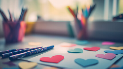 Fototapeta premium Craft Paper Hearts and Glitter Pens on Desktop with Dreamy Bokeh Effect with Copy Space