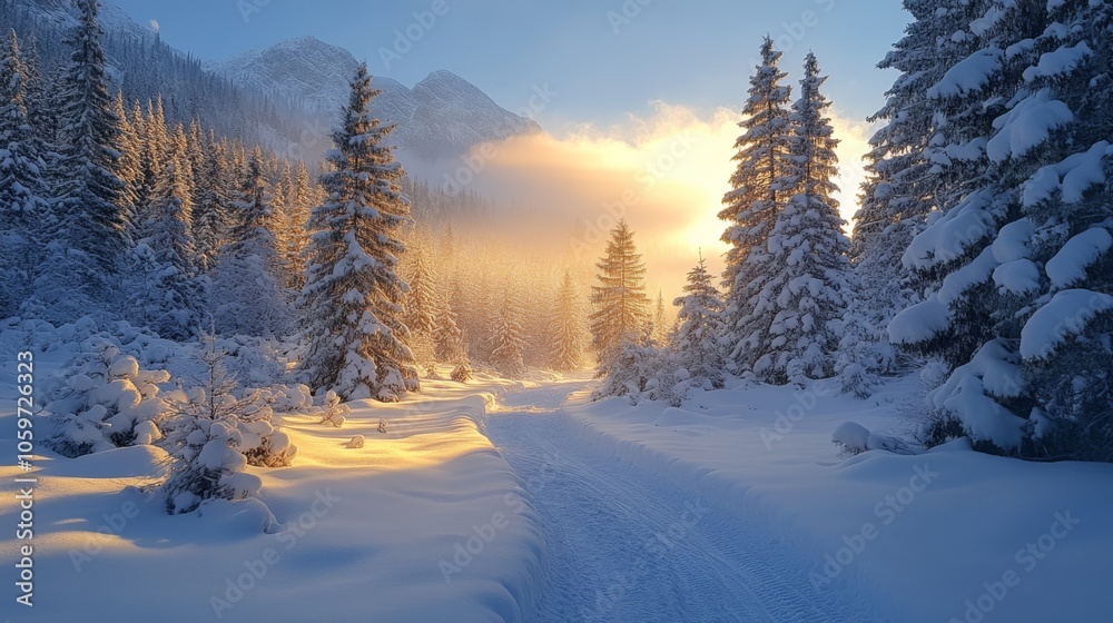 Poster snow blankets the ground and trees in a tranquil forest as the sun rises, casting golden light throu