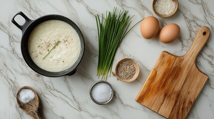 Fototapeta premium Creamy vichyssoise soup with fresh chives - top view of ingredients on marble surface