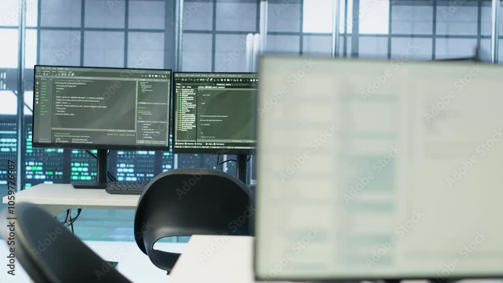 Poster computers in empty data center facility managing rackmounts energy consumption. close up of script o