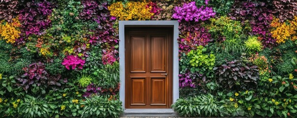 Colorful Vertical Garden on House Facade with Wooden Door in Daylight