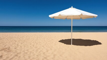 White umbrella casting a shadow on a serene sandy beach under a clear blue sky, AI