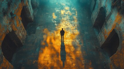 A lone figure stands in a crumbling building, bathed in a golden light that reflects on the wet floor. The  atmospheric setting suggests a sense of mystery and introspection.