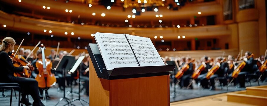 A close-up of a music stand with sheet music, showcasing an orchestra performing in a grand concert hall, illuminated by warm stage lights.