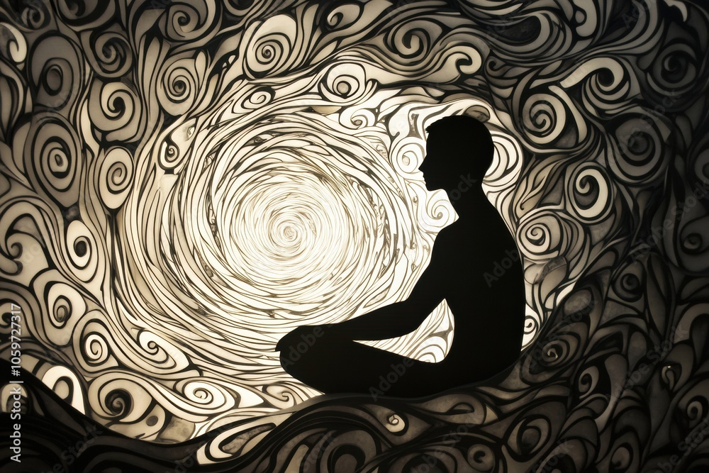 Poster a solitary figure sits in meditation amidst swirling patterns and soft light, creating a calm, refle