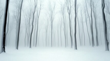Fototapeta premium Bare trees stand tall in a serene, foggy winter forest, creating a mystical atmosphere, AI