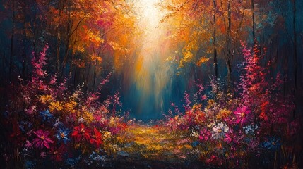 Fototapeta premium A Sunlit Path Through a Vibrant Forest of Flowers