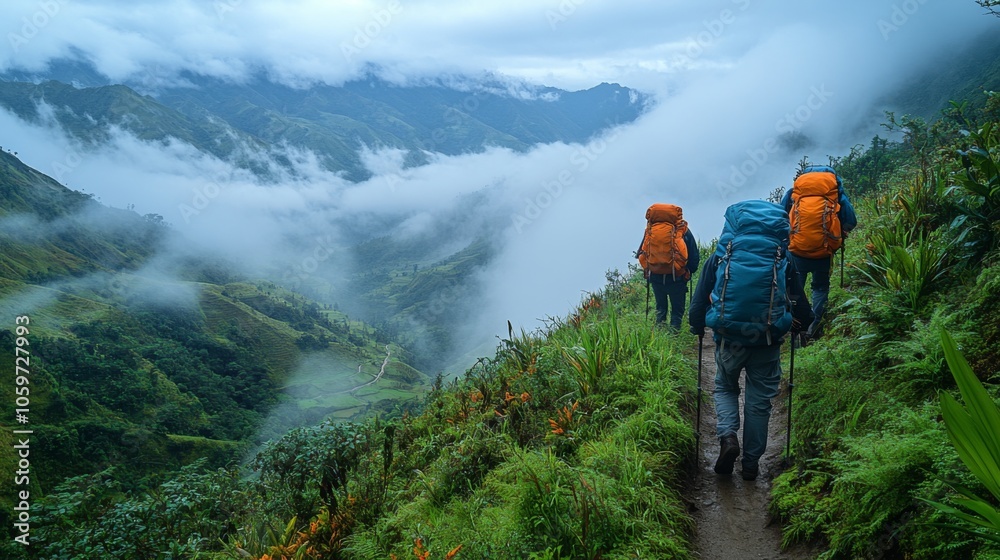 Aufkleber two hikers ascend a verdant path surrounded by clouds, rich foliage, and mountain vistas in the earl