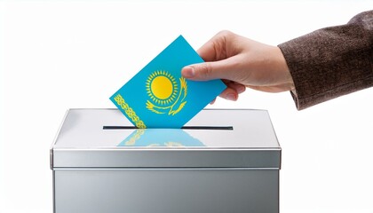 カザフスタンの国旗の投票用紙を投票する手と投票箱。選挙。(Hand and ballot box voting a ballot paper with the Kazakhstan flag on it. election.)
