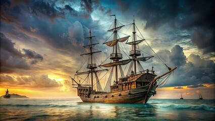 Obraz premium Ancient pirate ship with tattered sails on background, pirate ship, vintage, old, historic, nautical, sailing, adventure, voyage