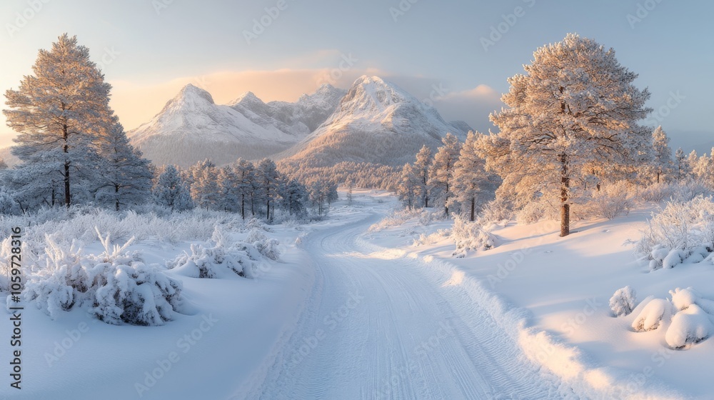 Poster The serene winter scene showcases a snowy pathway winding through frosted trees, with towering mountains in the background illuminated by early morning light.