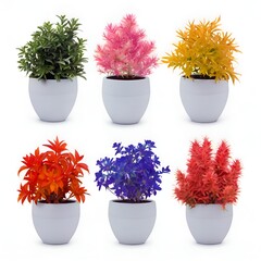 Colorful Artificial Potted Plants Collection Vibrant Indoor Decor in Green, Red, Yellow, Orange, Purple, and Pink PNG