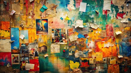 Naklejka premium Abstract collage wall with colorful grunge textures , graffiti, abstract, backdrop, collage, wall, colorful, grunge