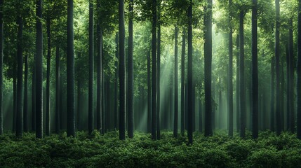 Fototapeta premium Sunbeams pierce through a dense forest, illuminating the lush foliage on the forest floor.