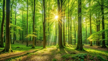 Fototapeta premium Extra wide panorama of a scenic green beech forest with sunlight filtering through the foliage, scenic, forest, green, beech trees