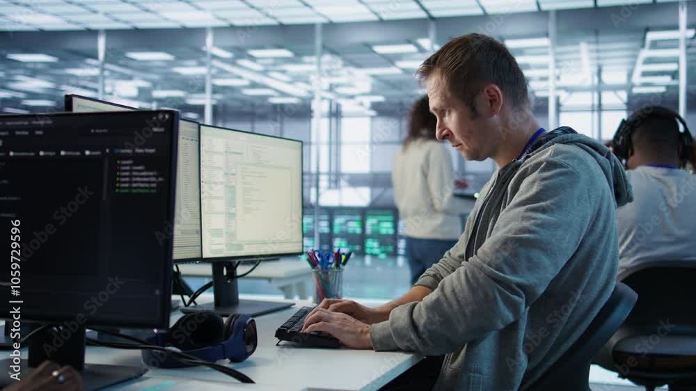 Poster portrait of smiling engineer inspecting server rows in data center. happy man supervising supercompu