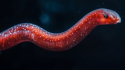 Fototapeta premium A red, segmented, worm-like creature with a pointed head swims in dark water.