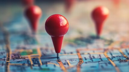 Close-Up of Red Location Pins on Geographic Map
