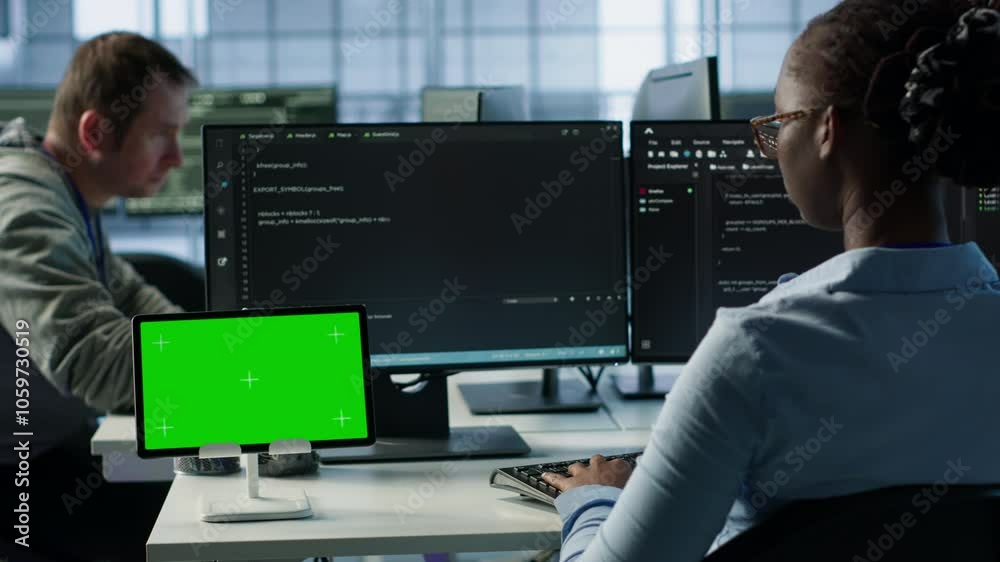 Poster isolated screen tablet in front of it support workers coding on computers, upgrading equipment. engi