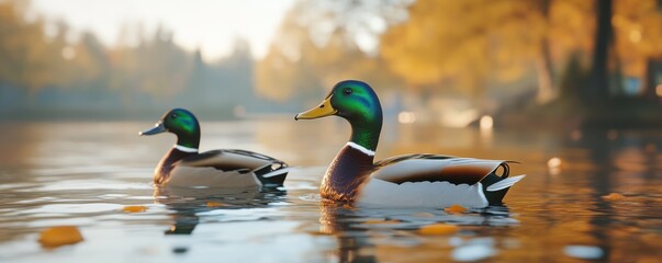 Obraz premium Serene Pair of Ducks on a Sunlit Tranquil Lake During Golden Hour in Autumn