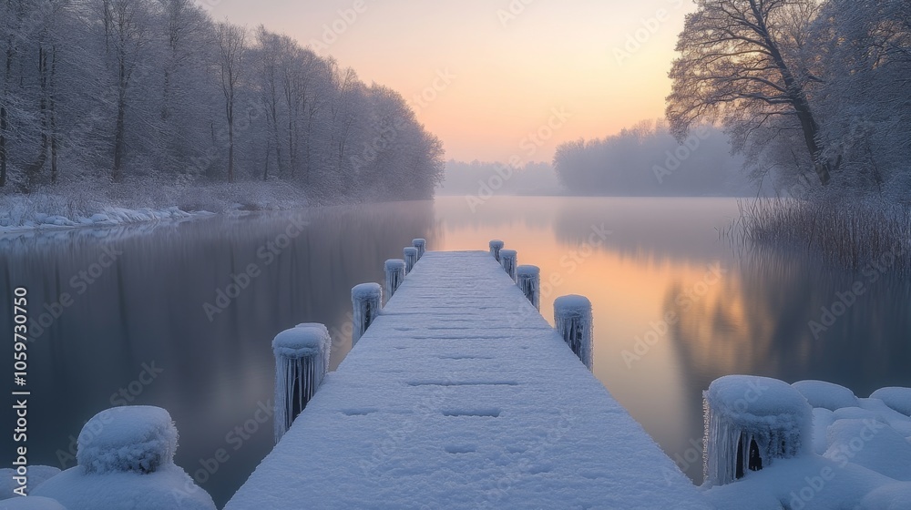 Poster at dawn, a snow-covered dock stretches into a calm lake, surrounded by frosty trees reflecting soft 