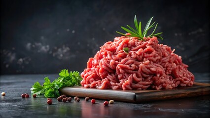 Fresh raw minced meat for cutlets on black background