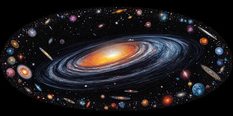 Obraz premium Stunning Illustration of Spiral Galaxy and Solar System Planets with Bright Nebulas and Celestial Objects in Deep Space Astronomy Art for Cosmic Exploration