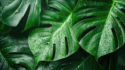 Fototapeta premium Green Monstera Leaves With Water Drops