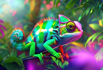 Obraz premium A colorful chameleon perched on a branch amidst a vibrant, lush environment.